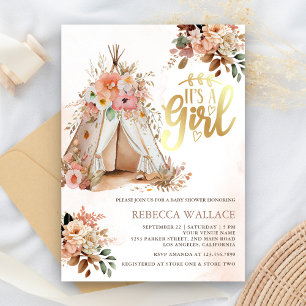 Convites Chá de Bebê Menina Boho Floral Tribal Teepee
