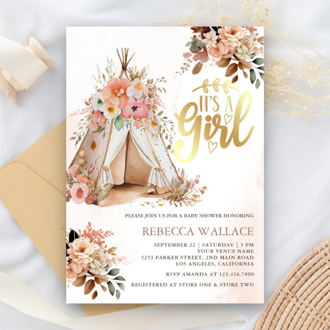 Convites Chá de Bebê Menina Boho Floral Tribal Teepee (Criador carregado)