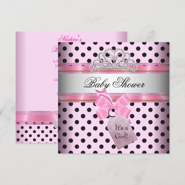 Convites Chá de Bebê Menina Bolinhas Rosa Princesa Preto (Frente/Verso)