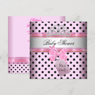 Convites Chá de Bebê Menina Bolinhas Rosa Princesa Preto