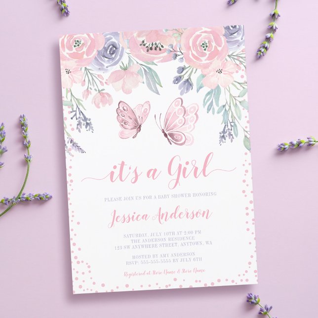 Convites Chá de Bebê Menina Borboleta Floral Rosa Roxo (Criador carregado)