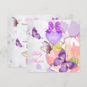 Convites Chá de Bebê Menina Borboleta Rosa Floral Roxo 2