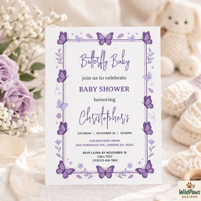 Convites Chá de Bebê Menina Borboleta Roxa (Purple Butterfly Baby Girl Baby Shower Invitation
)