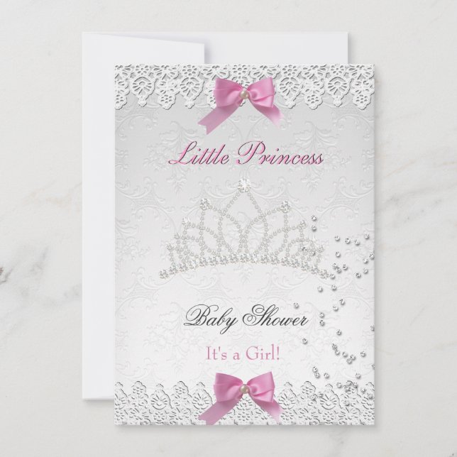Convites Chá de Bebê Menina Branco Rosa Princesa Damasco 2 (Frente)