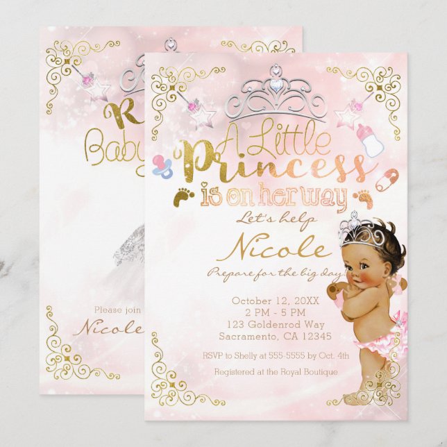 Convites Chá de Bebê Menina Brilho Rosa Uma Pequena Princes (Frente/Verso)
