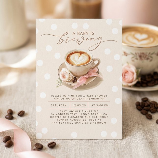 Convites Chá de Bebê Menina Café com Laço Rosa (Latte Heart Coffee Themed Baby Shower Invitation)
