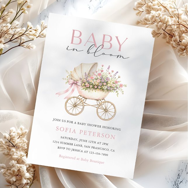 Convites Chá de Bebê Menina Carrinho de Bebê Floral Pastel (Criador carregado)