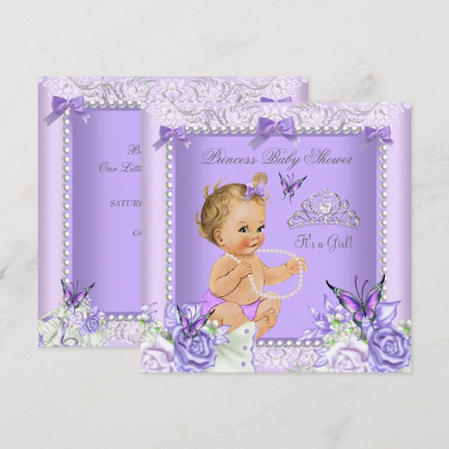 Convites Chá de Bebê Menina Cinza Lavanda Bebê Loura (Frente/Verso)