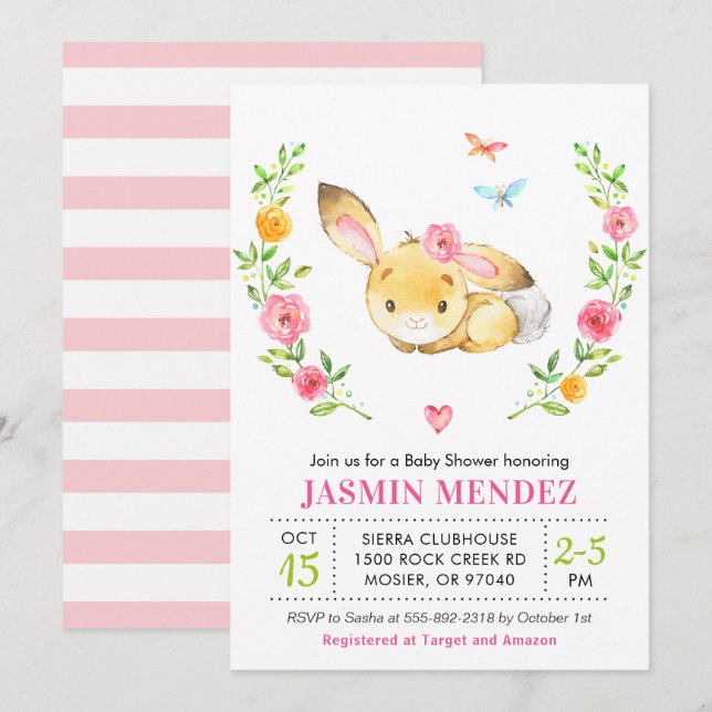 Convites Chá de Bebê Menina Coelho Rosa Floral Fofo (Frente/Verso)