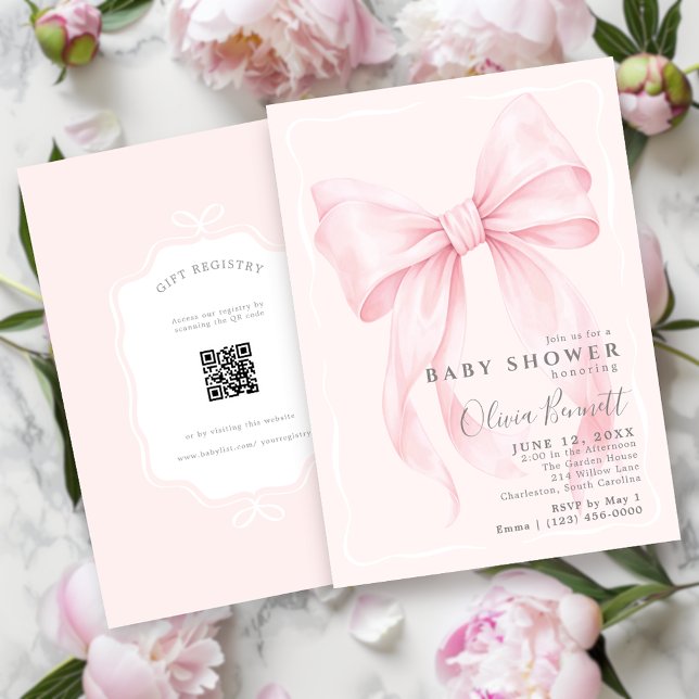Convites Chá de Bebê Menina com Arco Rosa em Aquarela com C (Pink Bow Baby Shower with QR Code for Baby Registry)