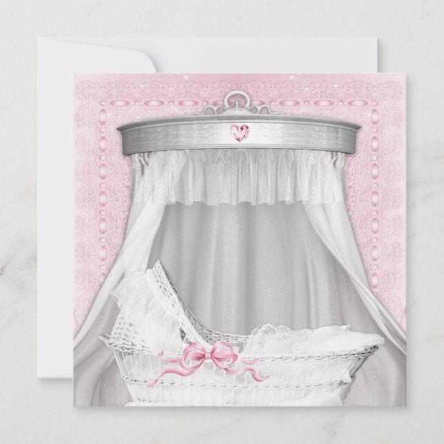 Convites Chá de Bebê Menina com Berço Rosa (Frente)