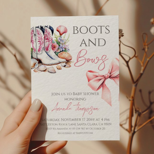 Convites Chá de Bebê Menina com Botas e Laços Rosa Western (Criador carregado)