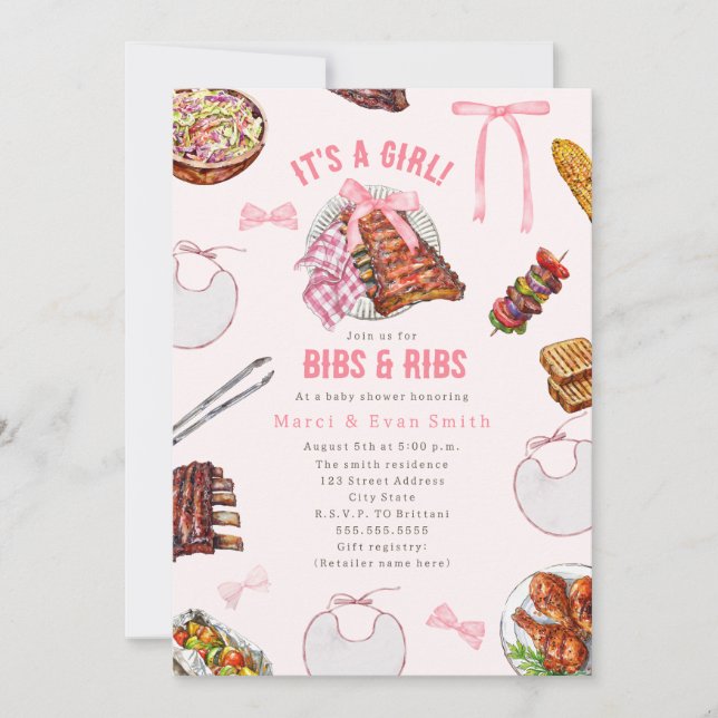Convites Chá de Bebê Menina com Churrasco Ribs & Bibs (Frente)