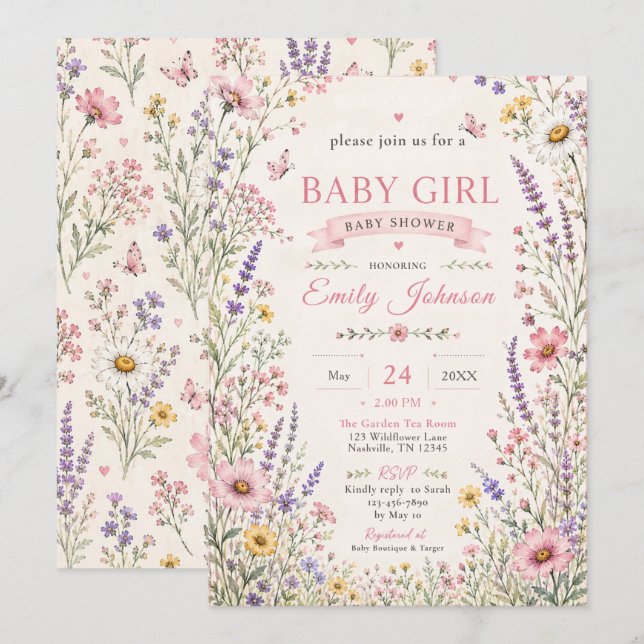 Convites Chá de Bebê Menina com Flores Silvestres (Frente/Verso)
