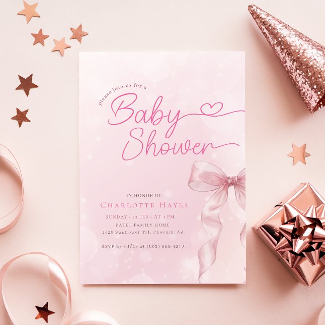 Convites Chá de Bebê Menina com Laço Rosa Blush (Criador carregado)