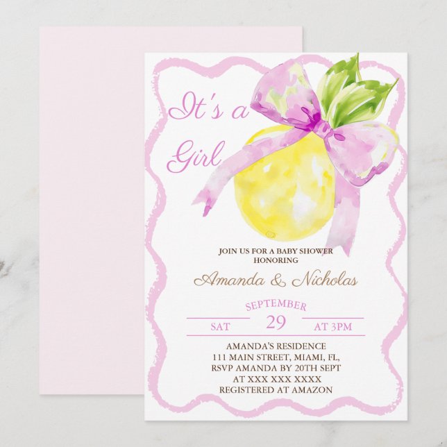 Convites Chá de Bebê Menina com Laço Rosa e Citrino (Frente/Verso)