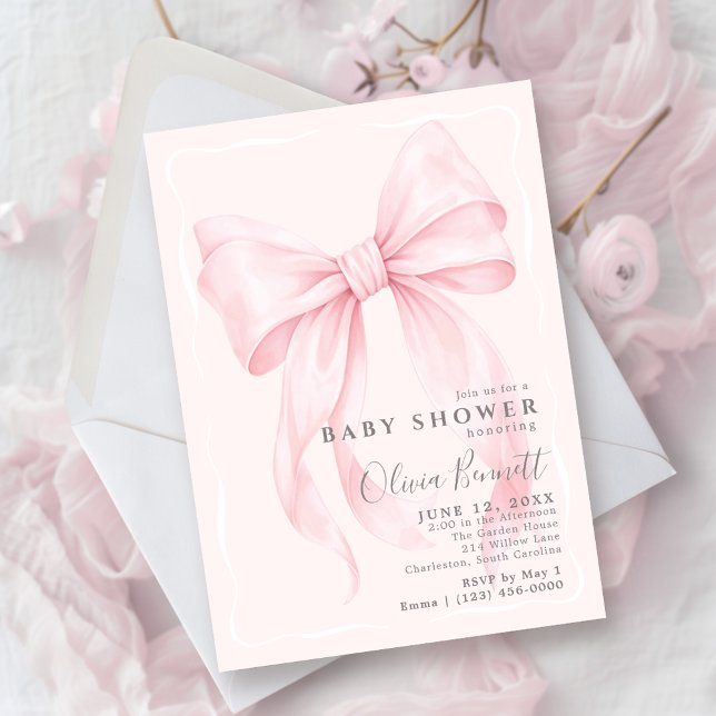 Convites Chá de Bebê Menina com Laço Rosa em Aquarela (Coquette Bow Theme Watercolor Design Baby Shower Invite
)