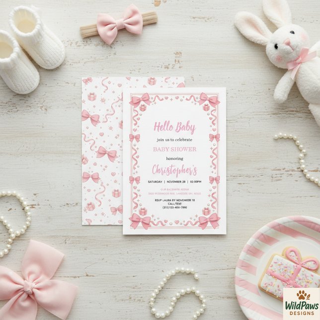 Convites Chá de Bebê Menina com Laço Rosa - Festa Divertida (Pink Bow Girl Baby Shower – Cute & Fun Party Invitation
)