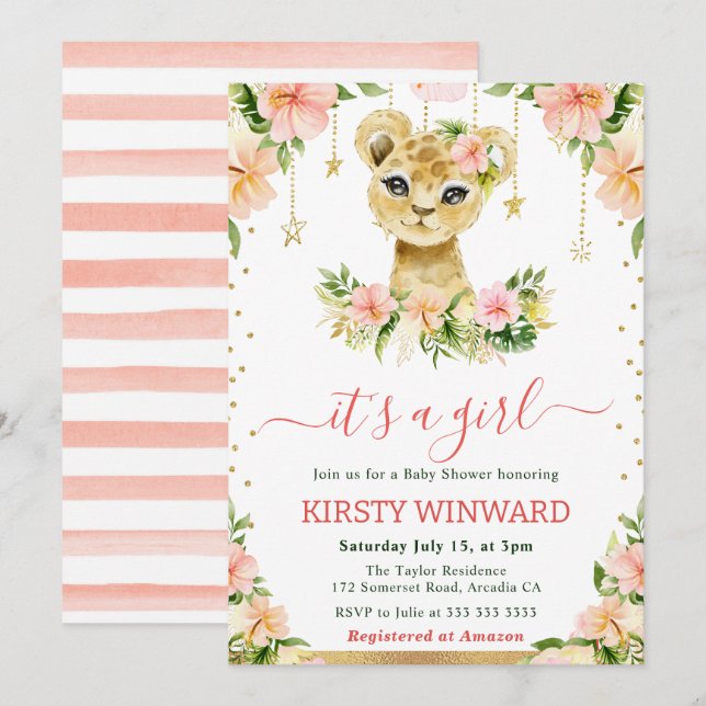 Convites Chá de Bebê Menina com Leãozinho Floral em Aquarel (Frente/Verso)