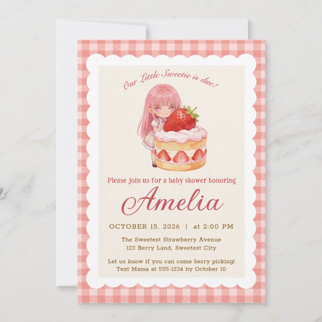 Convites Chá de Bebê Menina com Morango Doce Aquarela (Frente)
