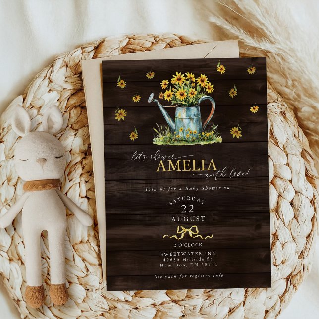 Convites Chá de Bebê Menina com Regador Floral Rústico (Rustic Floral Watering Can Baby Girl Shower Invitation)