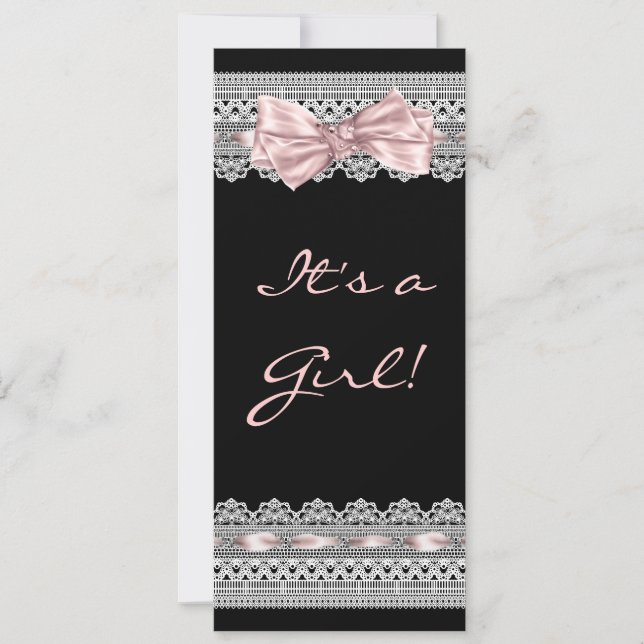 Convites Chá de Bebê Menina com Renda Branca Rosa e Preto (Frente)