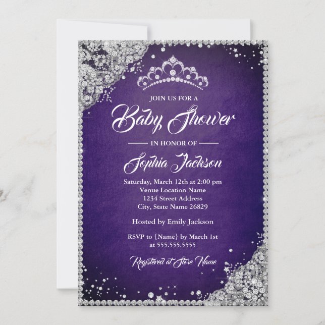 Convites Chá de Bebê Menina com Renda de Diamante Roxo Prat (Frente)