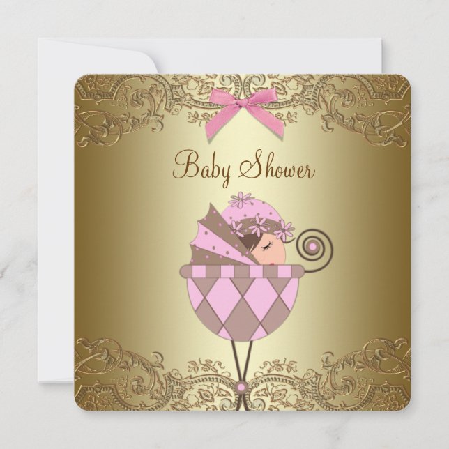 Convites Chá de Bebê Menina com Renda Rosa e Dourado (Frente)