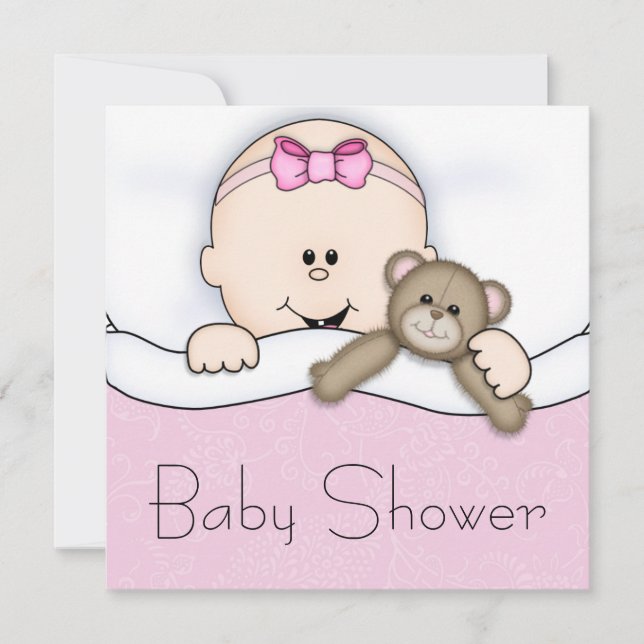Convites Chá de Bebê Menina com Urso Teddy Rosa (Frente)
