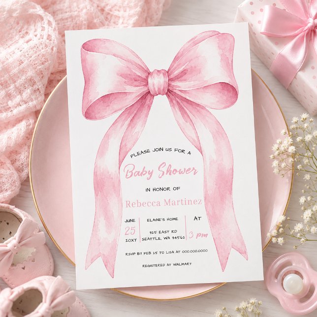 Convites Chá de Bebê Menina Coquete Laço Rosa (Pink Bow Coquette Girl Baby Shower Invitation)