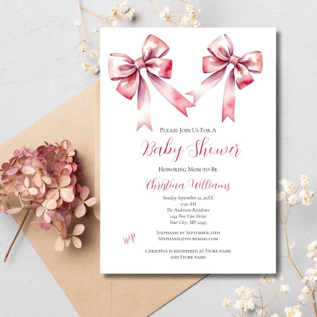 Convites Chá de Bebê Menina Coquete Laço Rosa (Pink Bow Coquette Aesthetic Baby Girl Baby Shower Invitation. Printed or Digital Download )