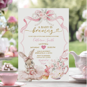 Convites Chá de Bebê Menina Coquete Rosa Pérola Brewing Bun