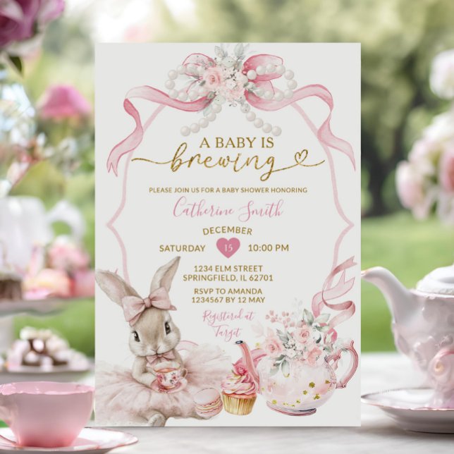 Convites Chá de Bebê Menina Coquete Rosa Pérola Brewing Bun (Criador carregado)