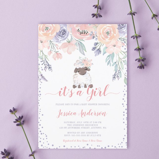 Convites Chá de Bebê Menina Cordeiro Floral Rosa Roxo (Criador carregado)