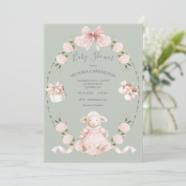 Convites Chá de Bebê Menina Cordeiro Hydrangeas Rosa Sage (Em pé/Frente)