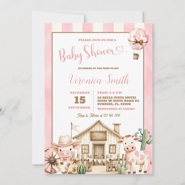 Convites Chá de Bebê Menina Cowboy Fofo Rosa Velho Oeste (Frente)