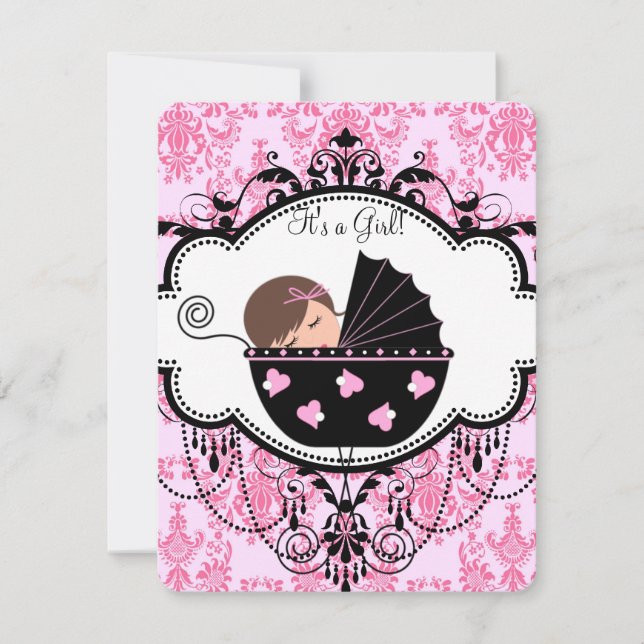 Convites Chá de Bebê Menina Damask Rosa (Frente)