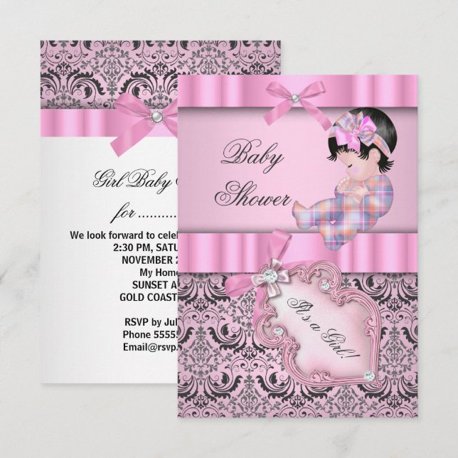 Convites Chá de Bebê Menina Damask Rosa Cinza (Frente/Verso)