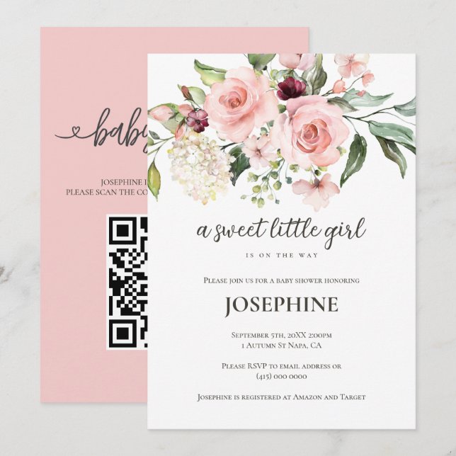 Convites Chá de Bebê Menina Doce com Floral Rosa (Frente/Verso)