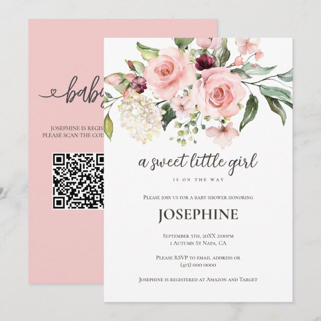 Convites Chá de Bebê Menina Doce com Floral Rosa (Frente/Verso)
