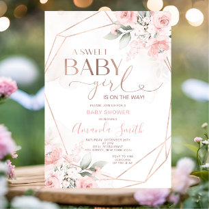 Convites Chá de Bebê Menina Doce Floral Rosa Elegante