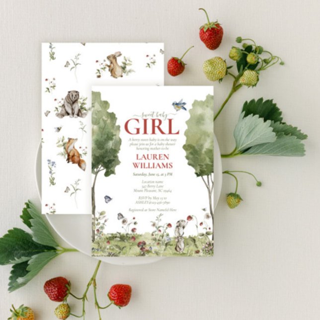 Convites Chá de Bebê Menina Doce Morango Flor Silvestre Fof (Criador carregado)