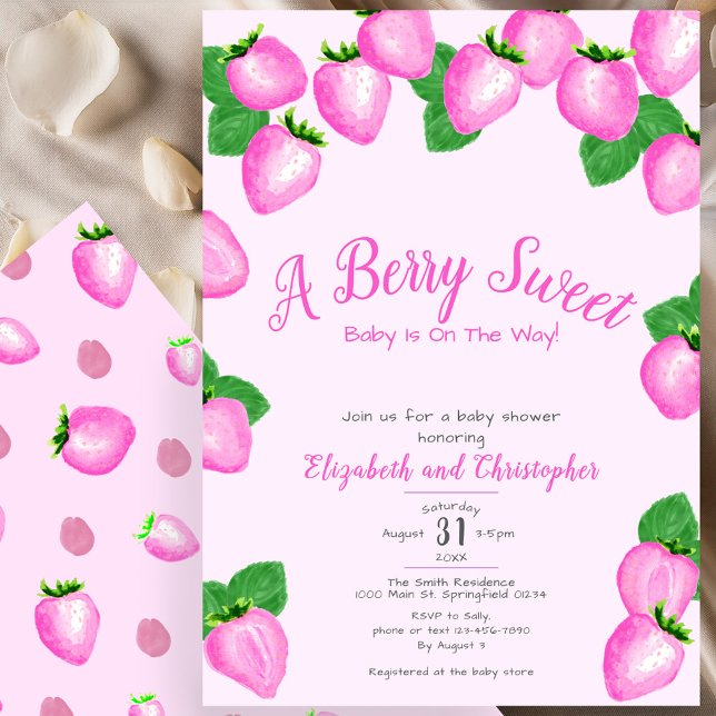 Convites Chá de Bebê Menina Doce Morango Rosa Berry (Criador carregado)