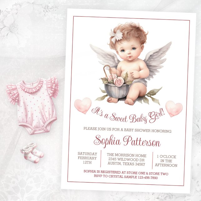 Convites Chá de Bebê Menina Doce no Dia dos Namorados (Sweet angel baby shower invitation. Instant download and printed invitations available.)