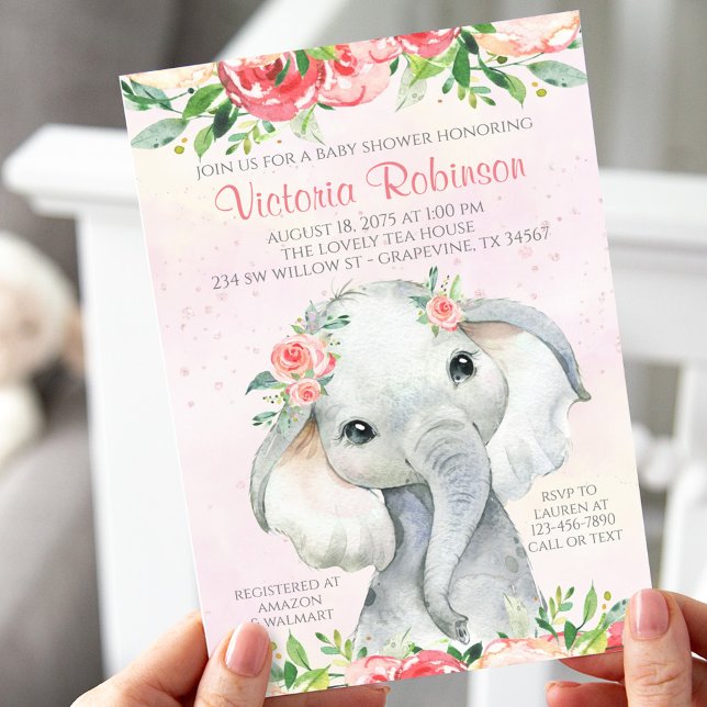 Convites Chá de Bebê Menina Elefante Floral (Criador carregado)