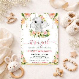 Convites Chá de Bebê Menina Elefante Floral Aquarela