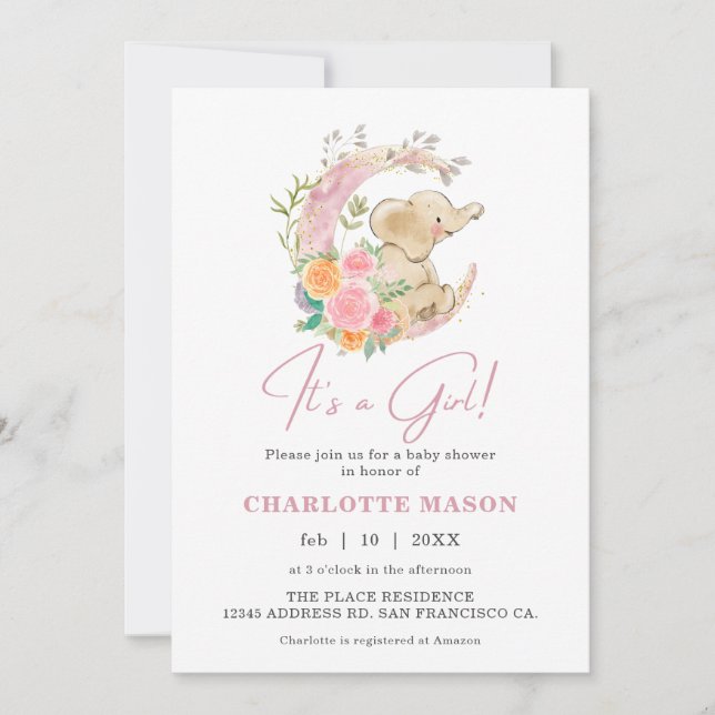 Convites Chá de Bebê Menina Elefante Floral Lua Fofa (Frente)