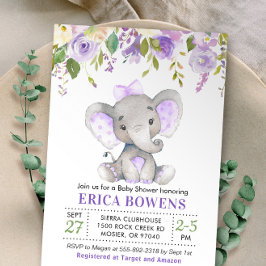 Convites Chá de Bebê Menina Elefante Lilás Lavanda Roxo