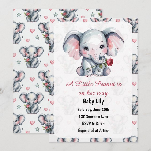 Convites Chá de Bebê Menina Elefante Rosa Aquarela (Frente/Verso)
