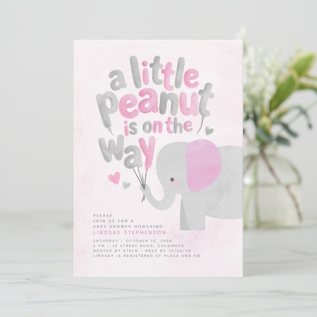 Convites Chá de Bebê Menina Elefante Rosa e Cinza (Em pé/Frente)